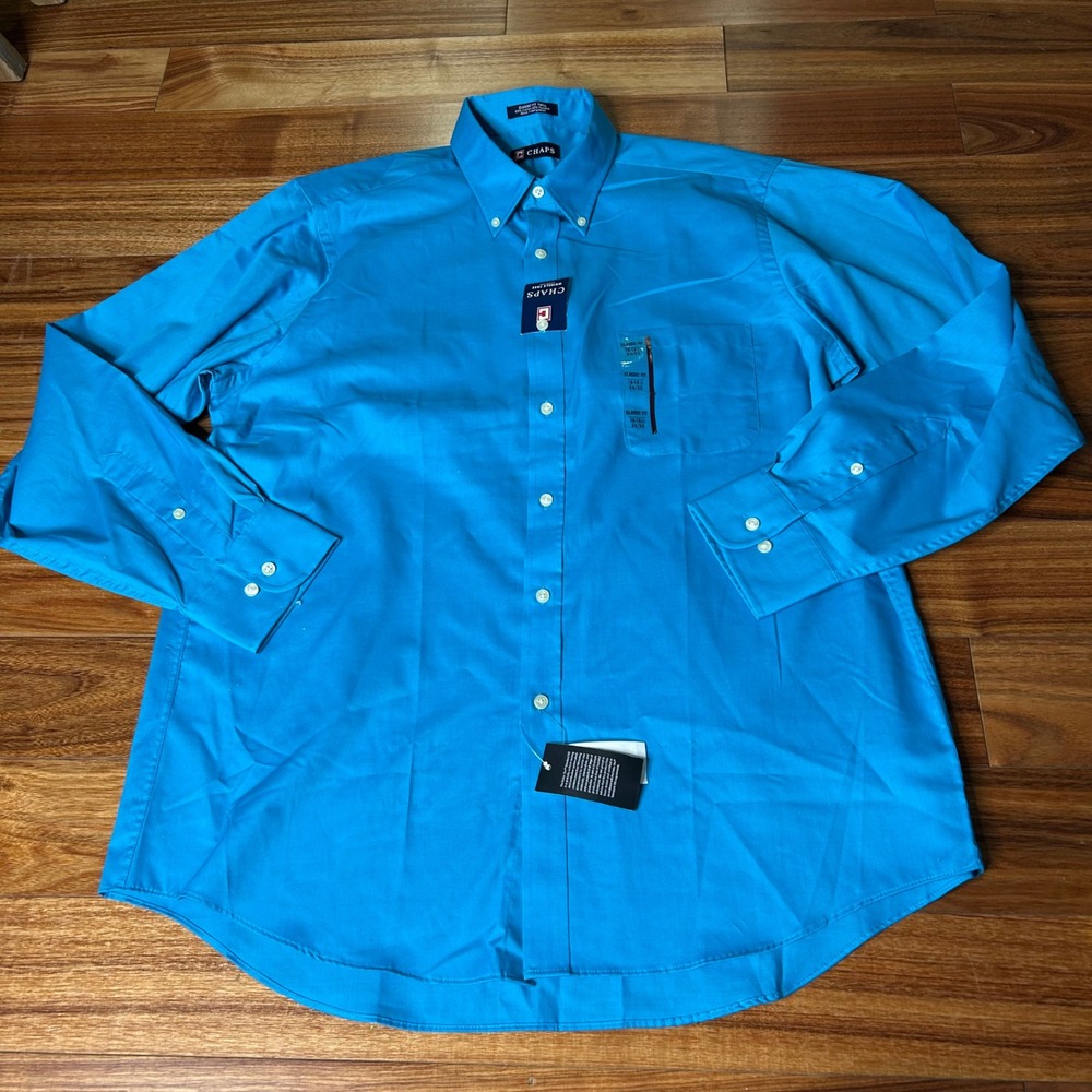 Chaps Mens Dress Shirt 16-16.5 34/35 Classic Fit Wrinkle Free Blue NWT